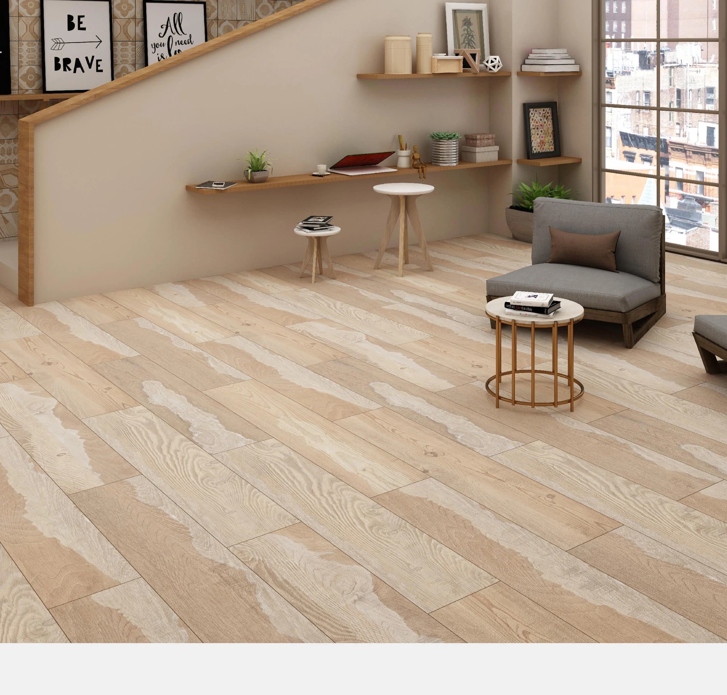 Lignum collection. Wood-look porcelain planks in a sunlit interior.