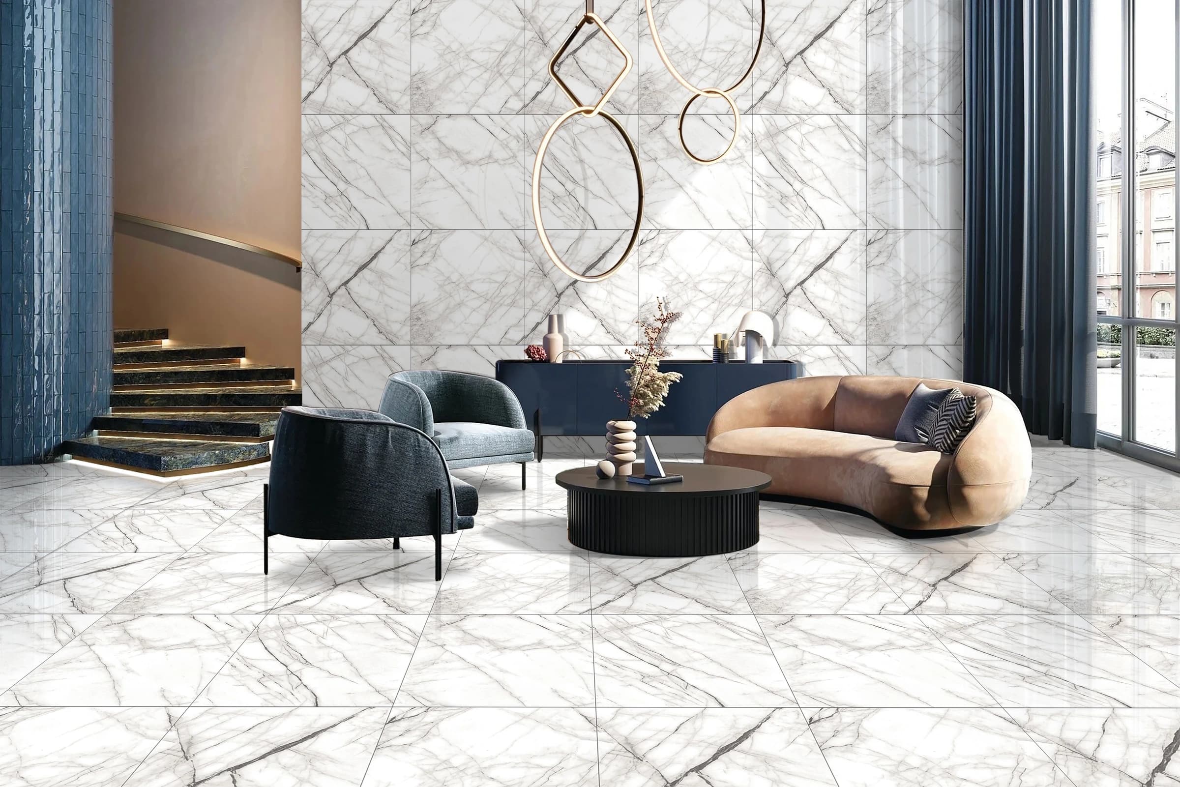 Marmora collection. White marble porcelain floor in a living room interior.