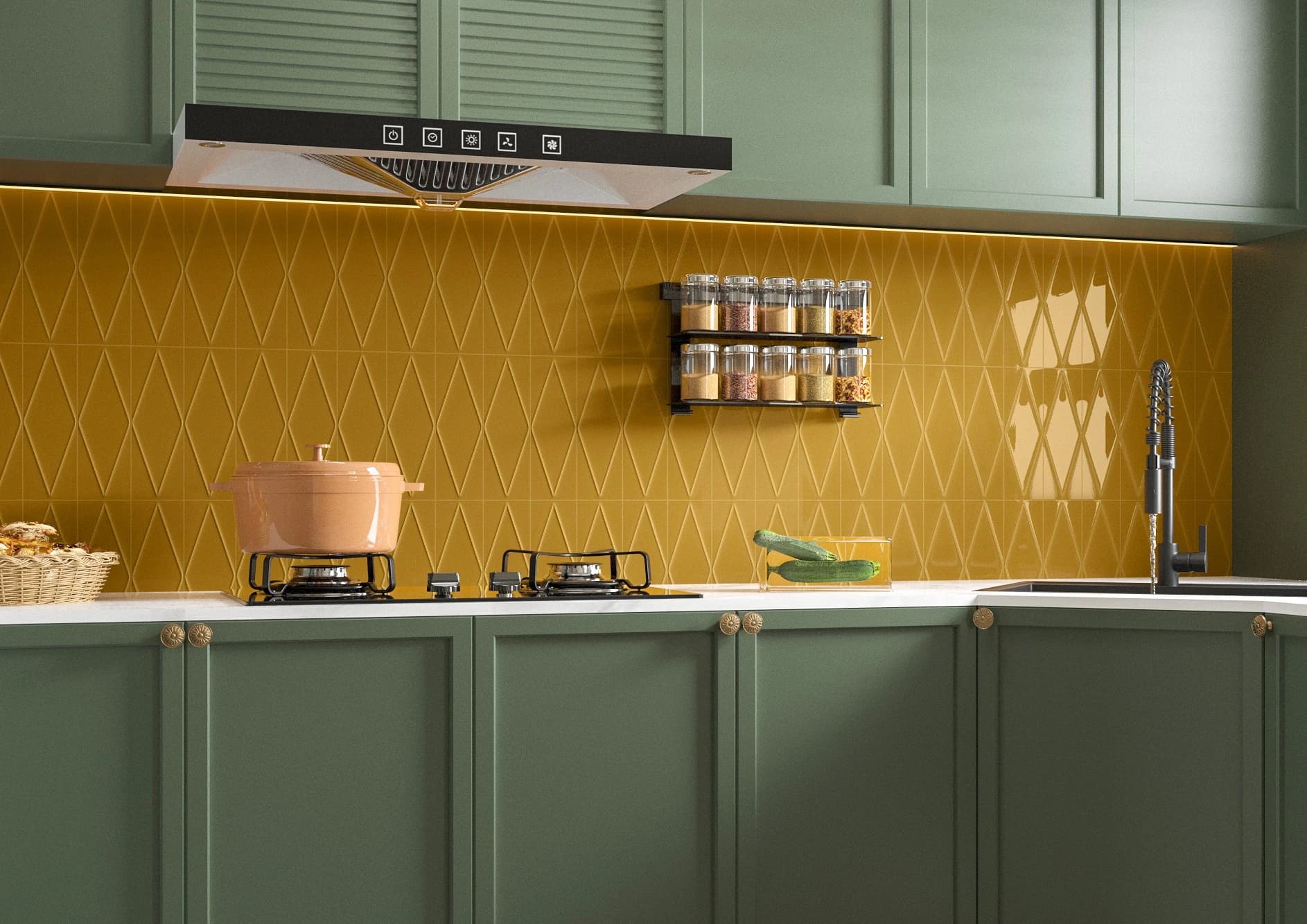 Mosaica collection. Subway tile backsplash in a modern kitchen interior.