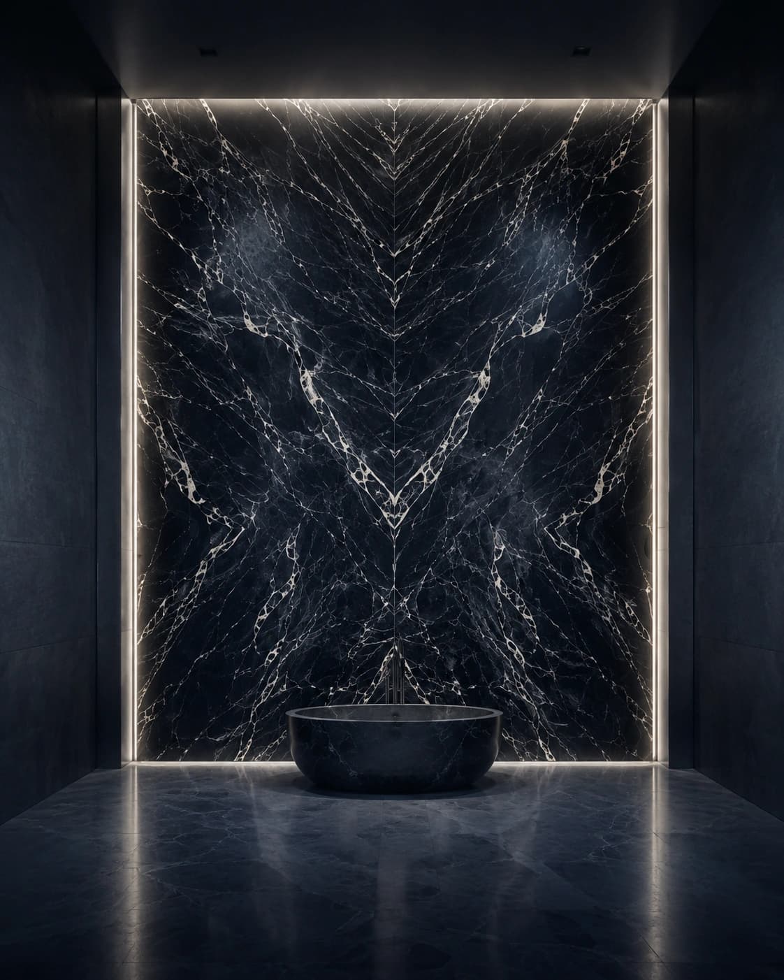 Onyx Noir collection. Large-format veined slab in a monumental architectural scene.
