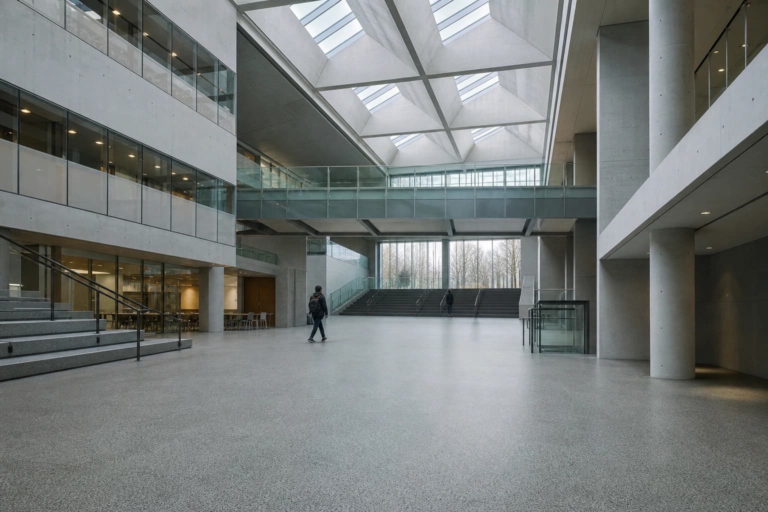 A university atrium with a terrazzo-look tile floor under a sawtooth skylight.