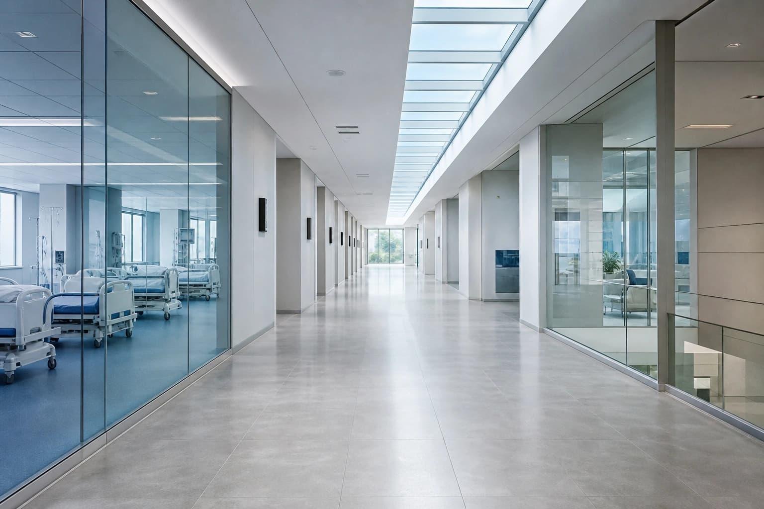 A hospital corridor with a seamless pale grey vitrified tile floor under a skylight band.