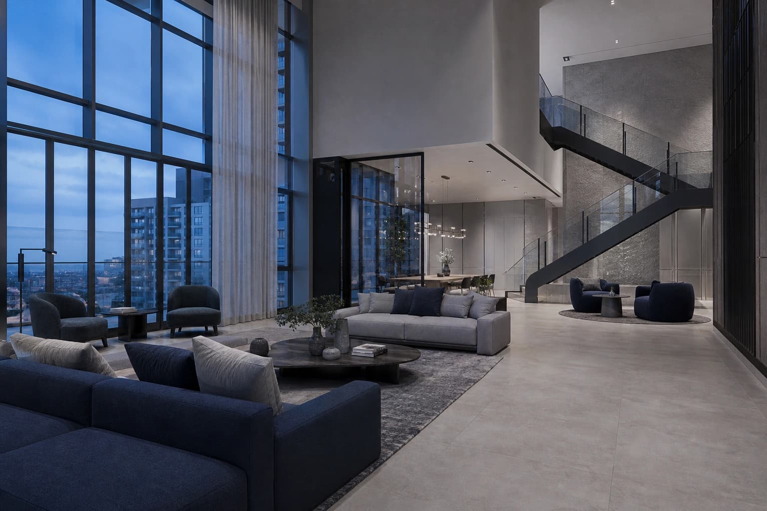 A residential amenity lounge with a pale stone-look tile floor and double-height glazing.