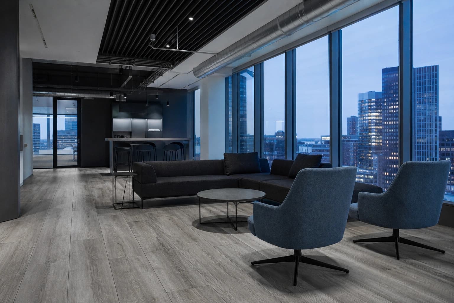 One Beacon Workplace. Lignum planks installed in a corporate lounge at dusk.