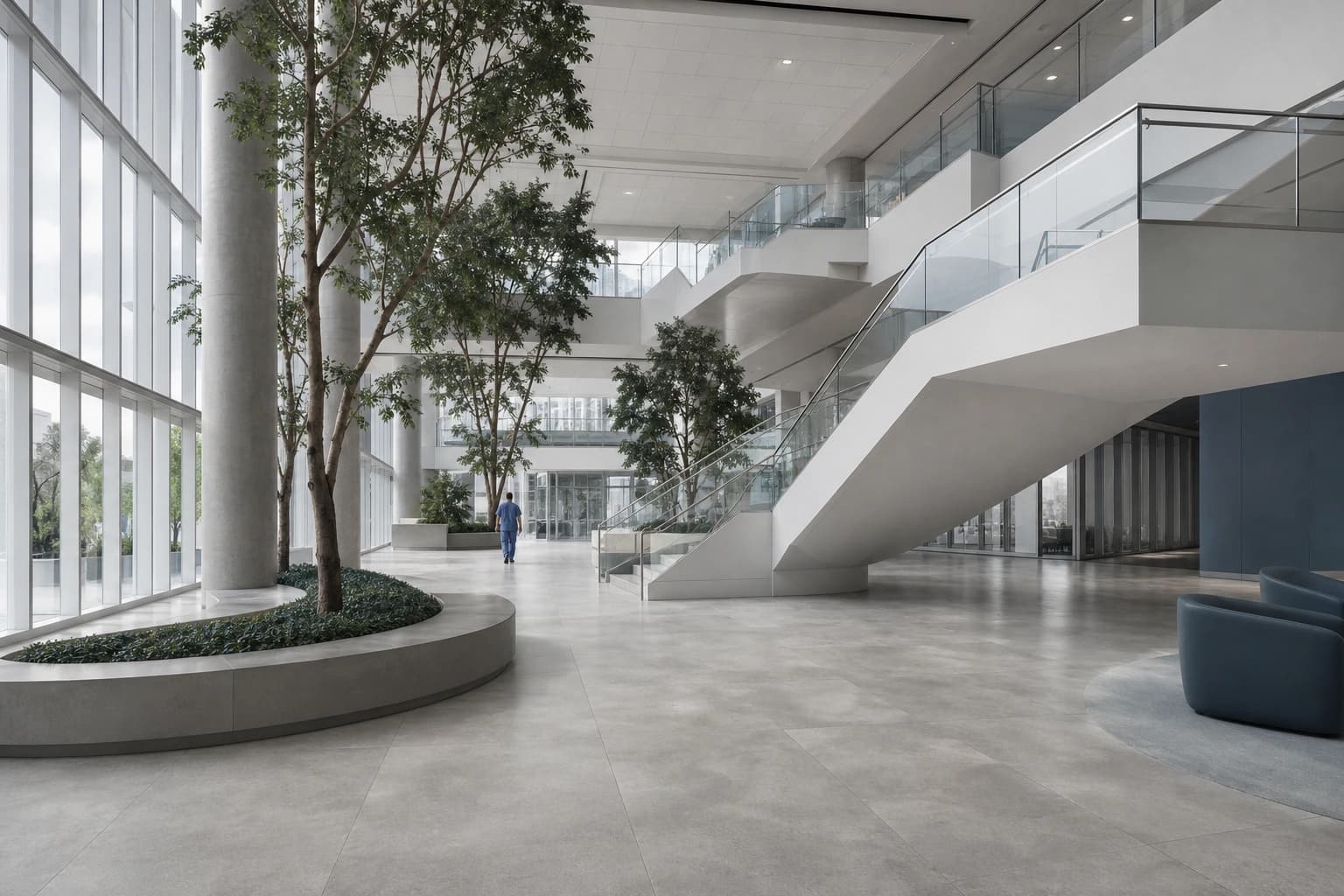 Meridian Health Pavilion. Terra installed through a daylight-filled healthcare atrium.