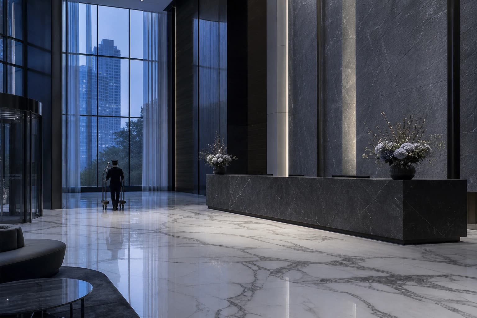 The Westin Riverfront. Marmora Calacatta installed across a grand hotel reception.